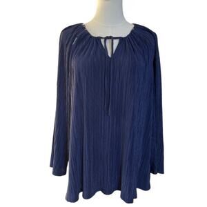 Michael Kors Navy Blue Pleated Tie Neck Blouse XL NWT Flowy Long Sleeve